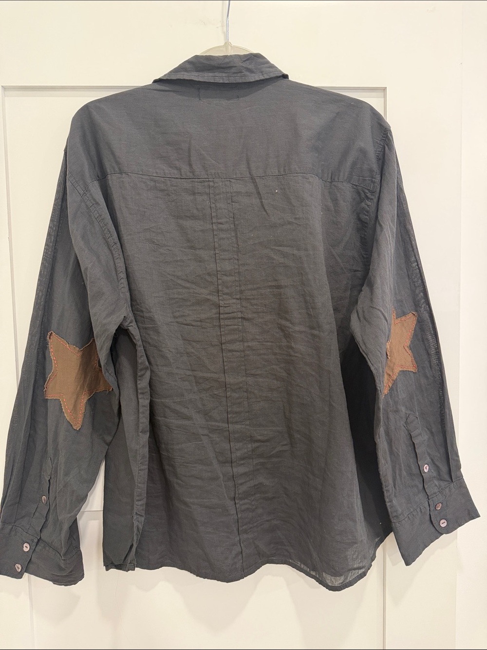 Natural Life Charcoal Gray Button-Down Shirt with Star Elbow Patches, Size L